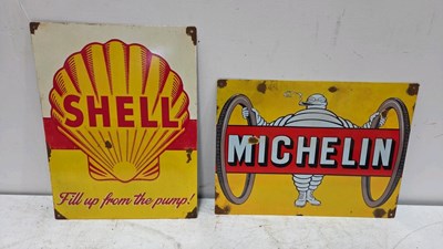 Lot 137 - TIN REPRO SHELL FILL UP AT THE PUMP + MICHELIN MAN SIGNS