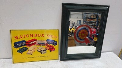 Lot 527 - TIN REPRO MATCHBOX SERIES SIGN + BMC MIRROR