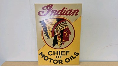 Lot 551 - WOODEN HAND PAINTED INDIAN MOTOR OILS SIGN 28" X 20"