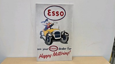 Lot 79 - WOODEN HAND PAINTED ESSO HAPPY MOTORING SIGN 31" X 20"
