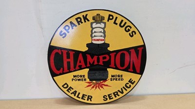 Lot 217 - WOODEN HAND PAINTED CHAMPION SPARK PLUG SIGN 24" DIA