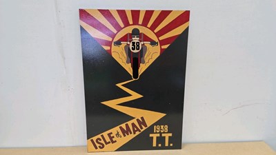 Lot 381 - WOODEN HAND PAINTED ISLE OF MAN TT SIGN 28" X 20"