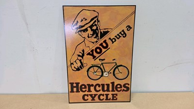 Lot 617 - WOODEN HAND PAINTED HERCULESE CYCLES SIGN 24" X 16"