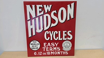 Lot 631 - WOODEN HAND PAINTED NEW HUDSON CYCLES SIGN 28" X 25"