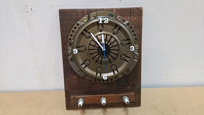 Lot 545 - CLUTCH COVER CLOCK WITH SPARK PLUG COAT/KEY HOOKS BELOW 14" X 11"