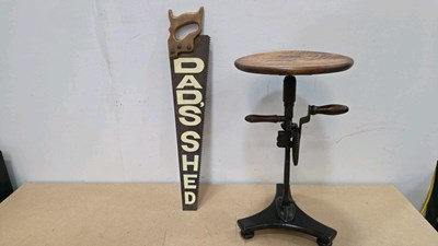Lot 781 - SMALL TABLE , HAND MADE FROM AN OLD HAND DRILL WITH A HAND PAINTED SAW