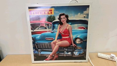 Lot 759 - PIRELLI PIN UP GIRL LIGHT UP SIGN 24" X 24"