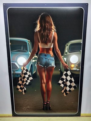 Lot 753 - CHECKERED FLAG PIN UP GIRL METAL SIGN 24" X 37"