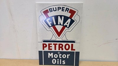 Lot 107 - WOODEN HAND PAINTED SUPER FINA PETROL SIGN 24" X 16"