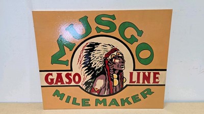 Lot 211 - WOODEN HAND PAINTED MUSGO GASOLINE SIGN 25" X 20"