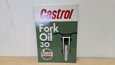 Lot 413 - WOODEN HAND PAINTED CASTROL FORK OIL SIGN 20" X 14"
