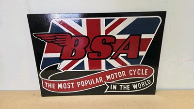 Lot 511 - WOODEN HAND PAINTED BSA MOTOR CYCLES SIGN 28" X 20"