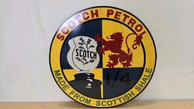 Lot 631 - WOODEN HAND PAINTED SCOTCH PETROL SIGN 24" DIA