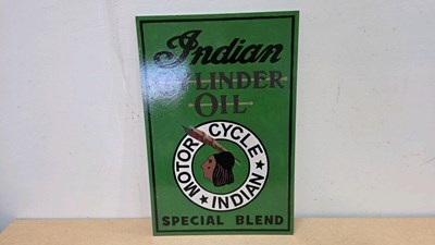 Lot 649 - WOODEN HAND PAINTED INDIAN CYLINDER OIL SIGN 24" X 16"