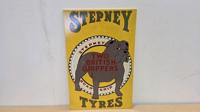Lot 733 - WOODEN HAND PAINTED STEPNEY TYRES SIGN 24" X 16"