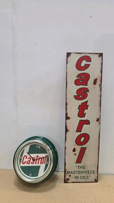 Lot 143 - HAND - PAINTED CASTROL SIGN & CLOCK 34" X 9" / 12" DIA
