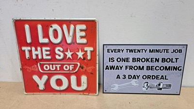 Lot 577 - BROKEN BOLT & I LOVE YOU TIN REPRO SIGNS 8" X 12 / 12" X 12"