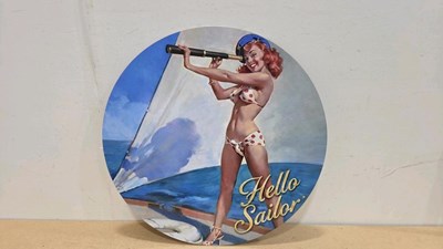 Lot 5 - HELLO SAILOR METAL PRINTED REPRO SIGN 24" DIA