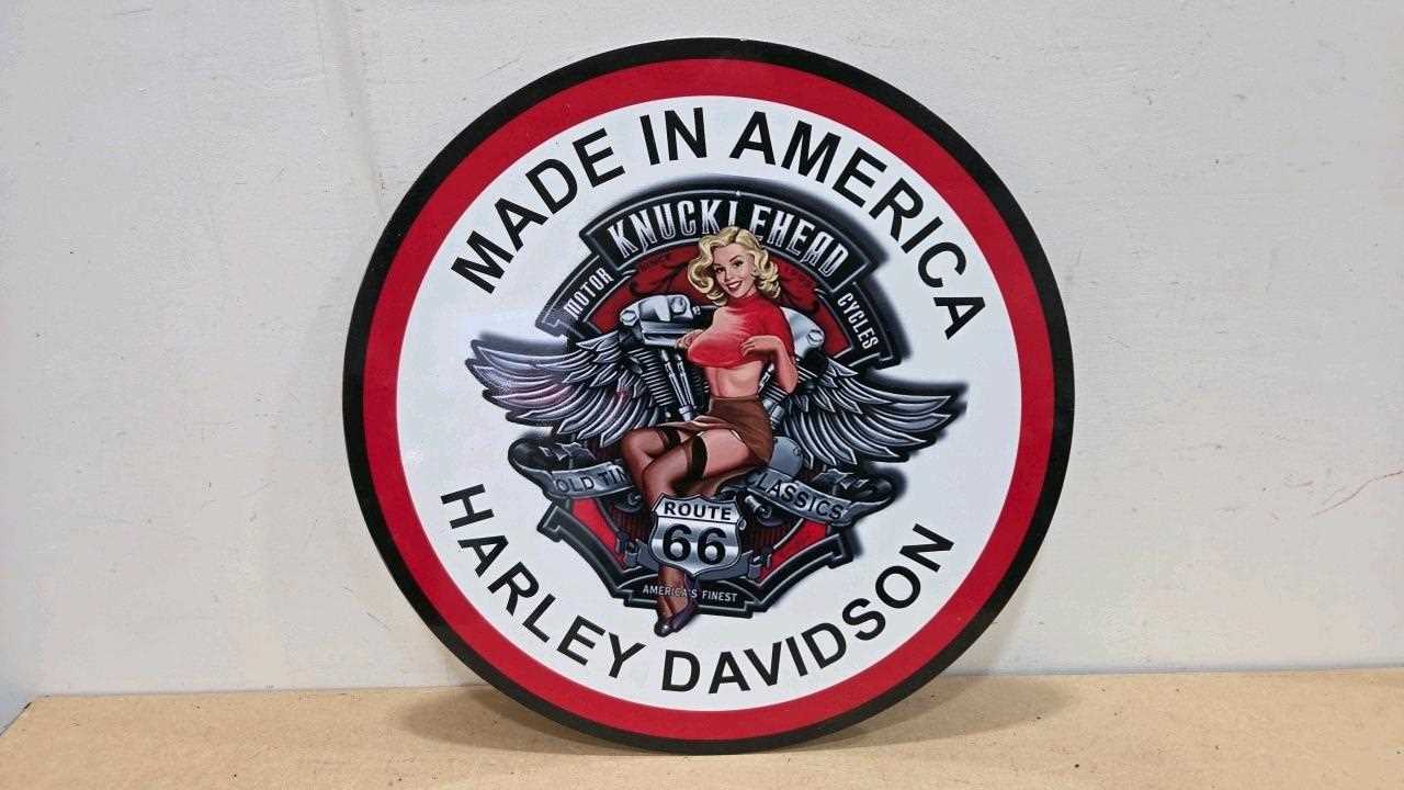 Lot 175 - HARLEY DAVIDSON MADE IN AMERICA PRINTED REPRO SIGN 24" DIA