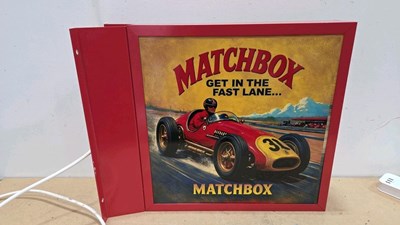 Lot 461 - GET IN THE FAST LANE MATCHBOX , DOUBLE SIDED LIGHT UP SIGN 20" X 23"