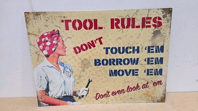 Lot 663 - TOOL RULES TIN REPRO SIGN 27" X 19"
