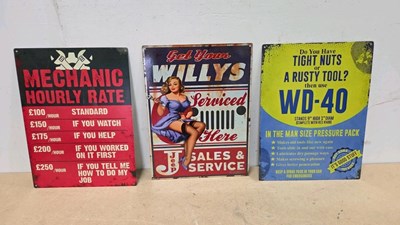Lot 849 - 3 TIN REPRO SIGNS, HOURLY RATES, WD-40 & WILLY'S 16" X 12"