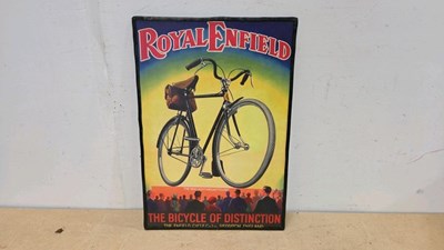 Lot 665 - ROYAL ENFIELD BICYCLED TIN REPRO SIGN 23" X 16"