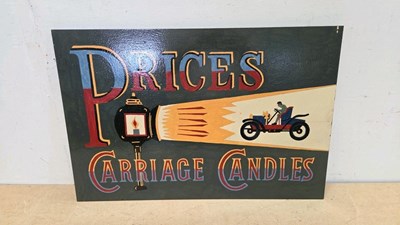 Lot 207 - WOODEN HAND PAINTED, PRICES CARRIAGE CANDLES SIGN 24" X 16"
