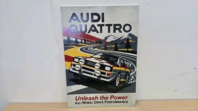 Lot 343 - WOODEN HAND PAINTED AUDI QUATTRO SIGN 28" X 20"