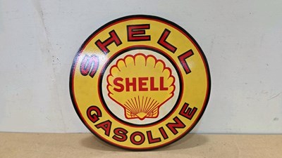 Lot 443 - WOODEN HAND PAINTED SHELL GASOLINE SIGN 20" DIA