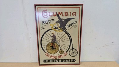Lot 493 - WOODEN HAND PAINTED COLUMBIA CYCLES SIGN 27.5" X 20"