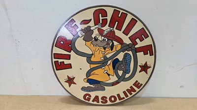 Lot 609 - WOODEN HAND PAINTED, FIRE-CHIEF GASOLINE SIGN 20" DIA