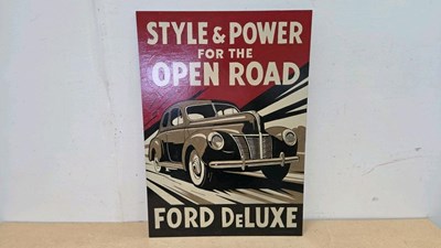 Lot 723 - WOODEN HAND PAINTED, FORD DELUXE SIGN 27.5" X 20"