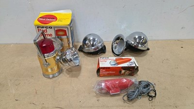 Lot 673 - 2 CHROME CAR HORNS , PIFCO LIGHT AND INSPECTION LIGHT IN ORIGINAL BOXES