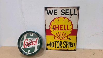 Lot 779 - REPRO HAND PAINTED, WE SELL SHELL SIGN AND CASTROL CLOCK ,23" X 16" & 12" DIA