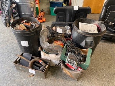 Lot 463 - BINS OF FILTERS/SPEAKERS/BATTERY LEADS