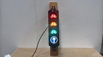 Lot 389 - ORIGINAL BICYCLE TRAFFIC LIGHTS MOUNTED ON WOOD
