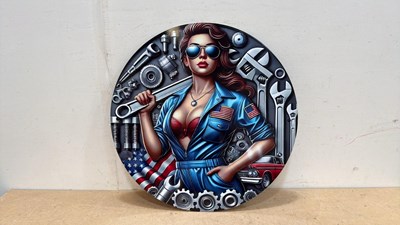 Lot 585 - MECHANIC GIRL WITH SPANNERS, STEEL SIGN 24" DIA