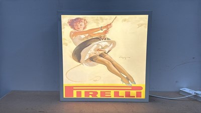 Lot 151 - PIRELLI GIRL ON A SWING , ILLUMINATED RERPO SIGN 24" X 24"