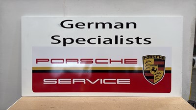 Lot 73 - PORSCHE GERMAN SPECIALISTS, ALUMINIUM REPRO SIGN 59" X 30"