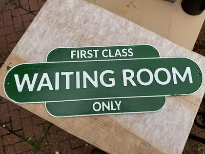 Lot 363 - FIRST CLASS WAITING ROOM STEEL SIGN 23" X 8"