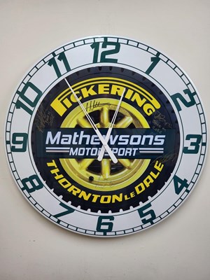 Lot 15 - HANDMADE 32" DIA SIGNED , MATHEWSONS MOTORSPORT CLOCK