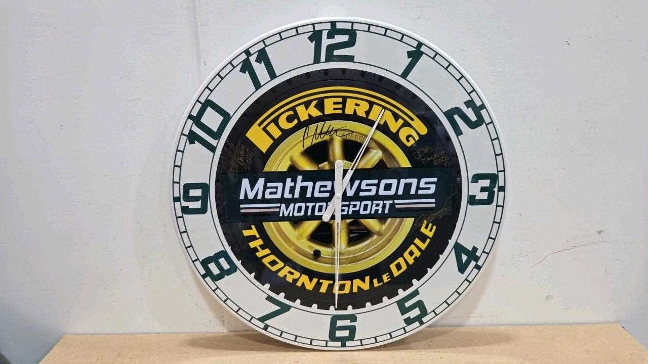 Lot 15 - HANDMADE 32" DIA SIGNED , MATHEWSONS MOTORSPORT CLOCK