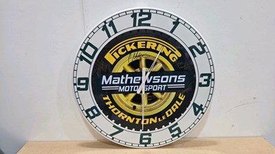 Lot 15 - HANDMADE 32" DIA SIGNED , MATHEWSONS MOTORSPORT CLOCK