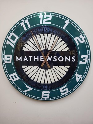 Lot 27 - HANDMADE 32" DIA SIGNED , MATHEWSONS WHEEL CLOCK