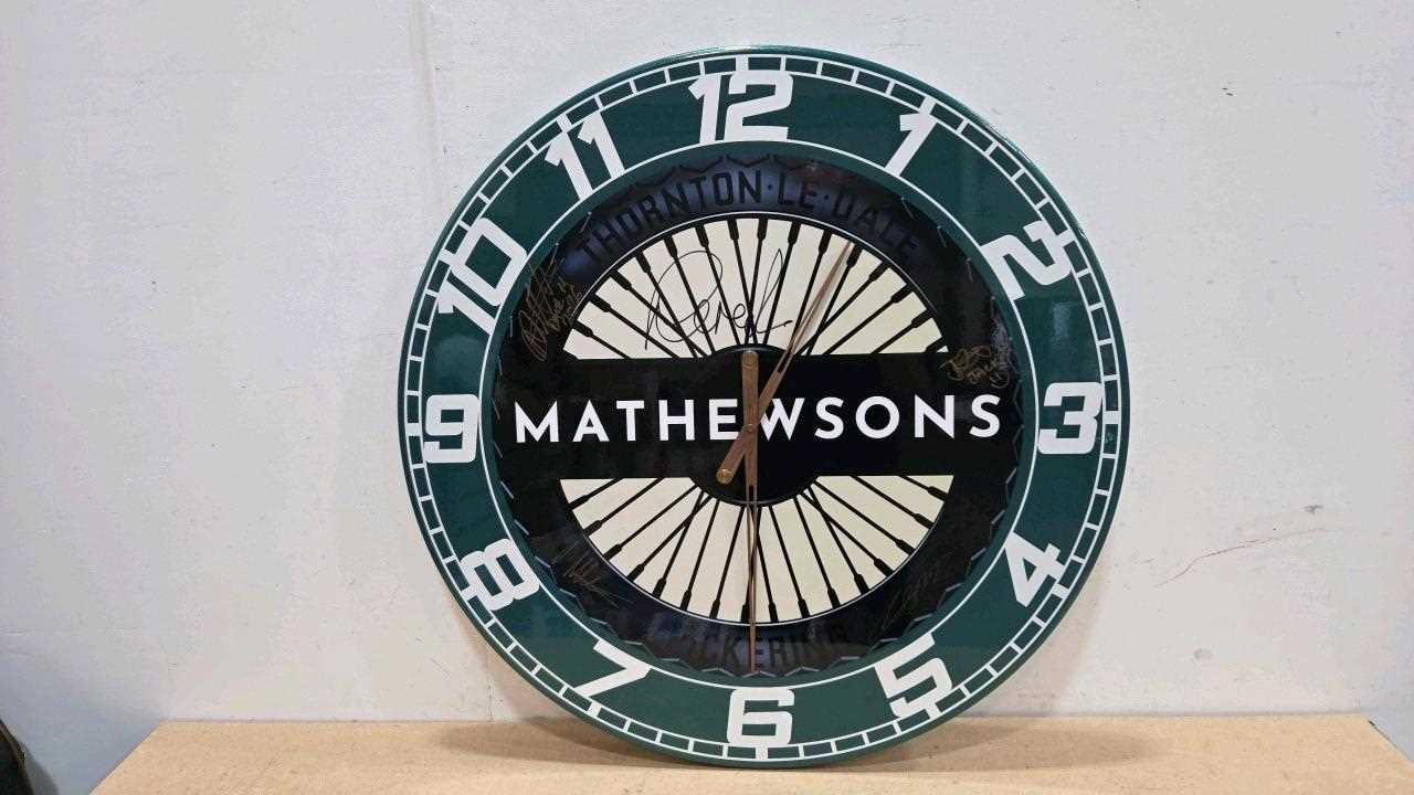 Lot 27 - HANDMADE 32" DIA SIGNED , MATHEWSONS WHEEL CLOCK