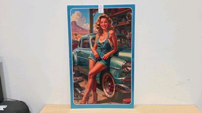 Lot 1 - PIN UP GIRL CAR MECHANIC METAL SIGN 39" X 24"