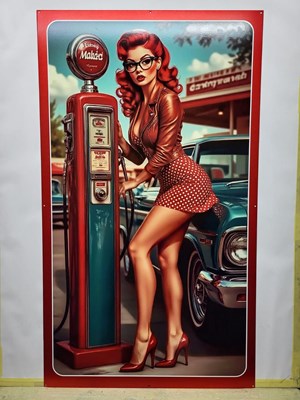 Lot 53 - PETROL PUMP PIN UP GIRL METAL SIGN 39" X 24"