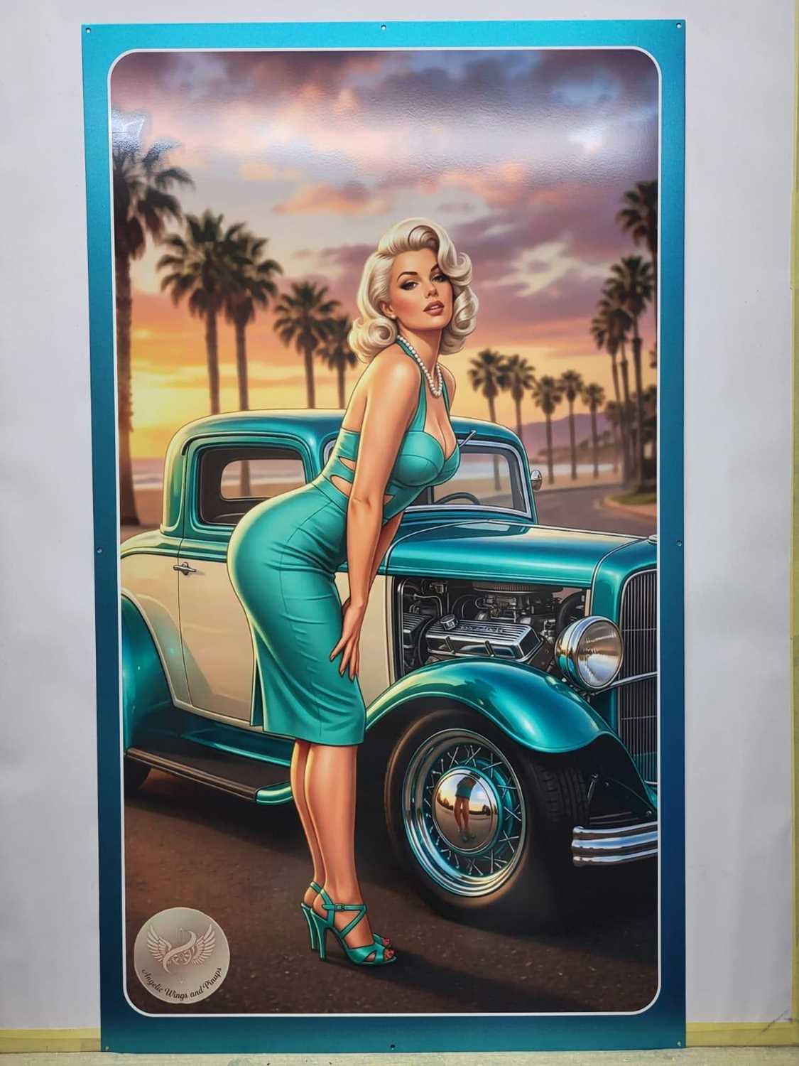 Lot 83 - PIN UP GIRL WITH HOT ROD METAL SIGN 39" X 24"
