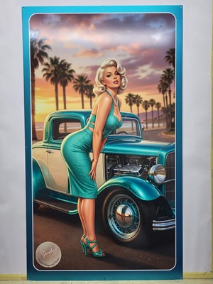 Lot 83 - PIN UP GIRL WITH HOT ROD METAL SIGN 39" X 24"